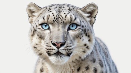 Close-up portrait of a snow leopard with striking blue eyes against a white background.