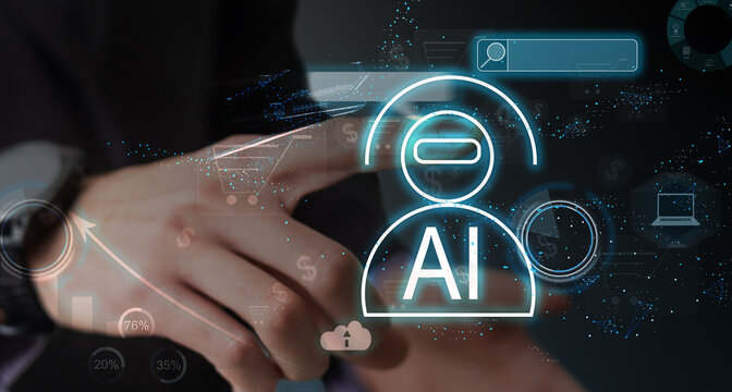 Ai tech, businessman show virtual graphic Global Internet connect robot Chat with AI, Artificial Intelligence. Using command prompt for generates something, Futuristic technology transformation. - Powered by Adobe