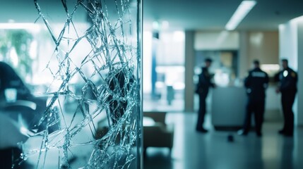 A criminal investigation scene at a bank robbery with police officers. Featuring urgency and professionalism