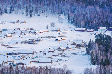Hemu Village, Snowy Mountains, Forests, and Winter Snow Scenery in Xinjiang Uygur Autonomous Region, China On March 1st, 2023