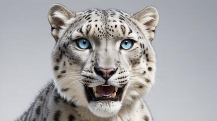 Obraz premium Close-up portrait of a snow leopard with vibrant blue eyes and slightly open mouth against a neutral background.