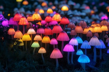 Fototapeta premium Vibrant bioluminescent mushrooms illuminate a mystical forest pathway during twilight hours