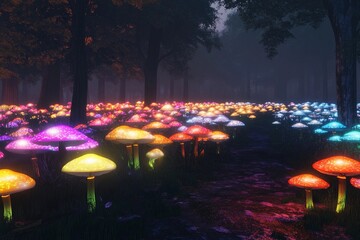 Vibrant bioluminescent mushrooms illuminate a mystical forest pathway during twilight hours
