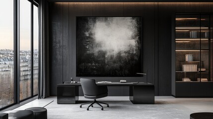 Monochrome-themed office with a black and white desk setup, abstract art, and subtle lighting.