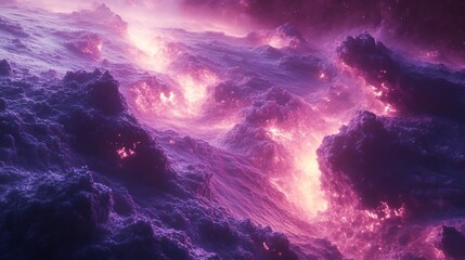 Fototapeta premium Pink and purple glowing lava flows dramatically across surreal alien landscape. AI Generated