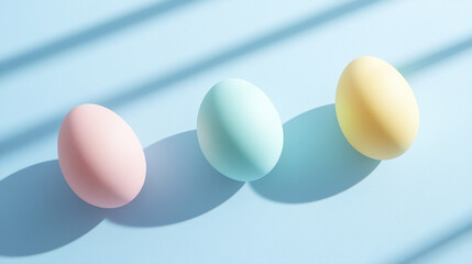 Pastel Easter eggs on light blue background with soft shadows
