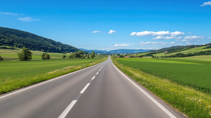 Naklejka premium Wide road into distance, flanked by green fields and blue sky. High-definition, horizontal composition. Serene beauty.