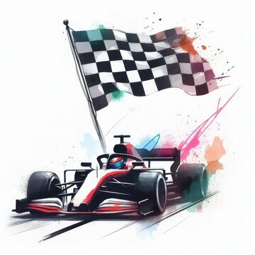 recommend clip art: Formula 1 race car crossing finish line with checkered flag in abstract watercolor style, symbolizing speed, victory, and motorsport