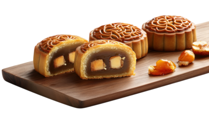 Mooncakes displayed on a wooden board highlight traditional flavors and textures during the festive season