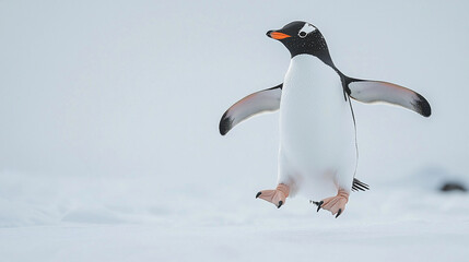 Obraz premium Penguin jumps playfully in a snowy landscape, capturing the spirit of winter wildlife