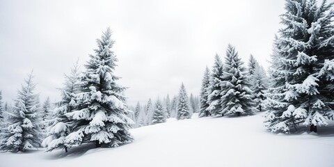 Naklejka premium Snow-covered spruce tree forest in winter Christmas time, almost duotone with frosty trees and white snow, contrast, panorama, duotone