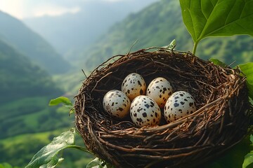 Obraz premium Speckled Bird Eggs in Nest Amidst Verdant Mountain Landscape for Nature Photography