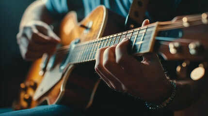 Obraz premium man's hands playing acoustic guitar. Musical instrument for recreation or hobby passion concept.