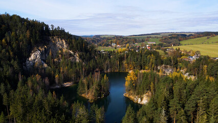 Lake view from above Drone landscape Adrspach Czech Republic