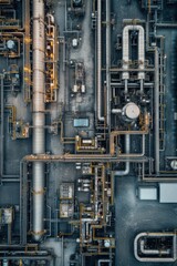 Aerial view of a factory showcasing gas pipelines and pressure systems in an industrial landscape.