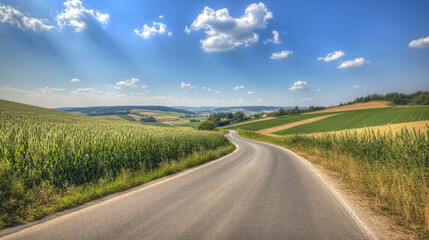 Fototapeta premium Wide road into distance, flanked by green fields and blue sky. High-definition, horizontal composition. Serene beauty.