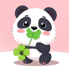 Fototapeta premium Adorable Panda Cuddling a Fresh Green Clover in Its Paws Surrounded by Lush Natural Environment