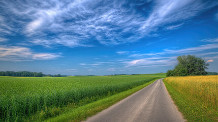 Fototapeta premium Wide road into distance, flanked by green fields and blue sky. High-definition, horizontal composition. Serene beauty.