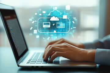 Naklejka premium male hands typing on laptop keyboard. concept of cloud storage and internet