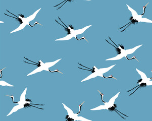 Fototapeta premium Japanese Flying Crane Bird Vector Seamless Pattern