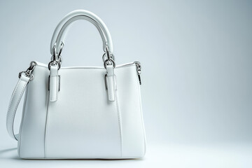 This is a studio shot of a clean white leather handbag