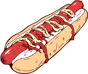 Illustrated Hot Dog with Mustard and Ketchup on Bun – Cartoon Style Food Art