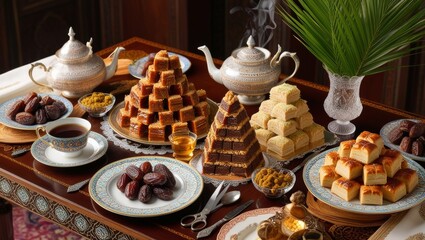 Fototapeta premium A table full with middle eastern food for Ramadan or Eid Al Fitr