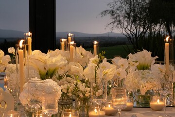 Elegant table setting with flowers and candles at dusk.