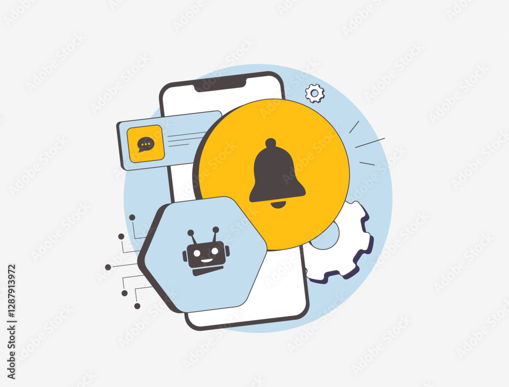 Poster AI-powered mobile notifications - personalized messages that use machine learning to improve user engagement. Ai custom push notification flat design vector illustration with icons