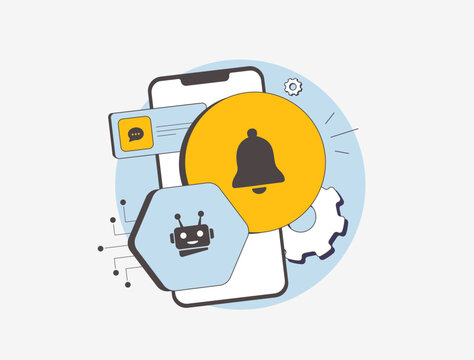 AI-powered mobile notifications - personalized messages that use machine learning to improve user engagement. Ai custom push notification flat design vector illustration with icons
