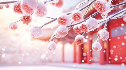Beautiful red flowers and snowy branches amidst an elegant structure