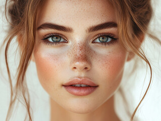 Fototapeta premium Beautiful young woman with striking blue eyes and freckles