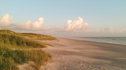 Serene Sunset Beach Walk with Tranquil Footprints in the Sand