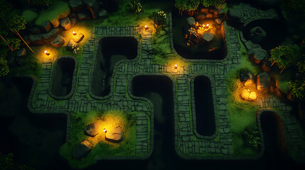 Isometric Game Map with Stone Pathways and Lush Green Vegetation Featuring Glowing Torches in a Dark Forest Environment
