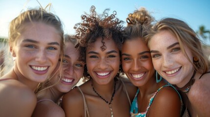 Friendship Day, a worldwide celebration of human connection. diverse young women, are smiling while standing close together on the beach under clear blue skies.