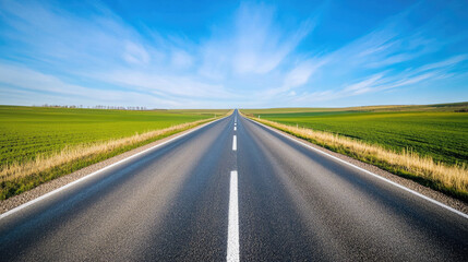 Wide road into distance, flanked by green fields and blue sky. High-definition, horizontal composition. Serene beauty.