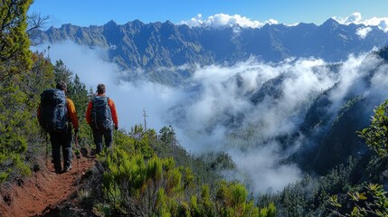 Two hikers on mountain trail overlooking a misty valley and majestic mountains.