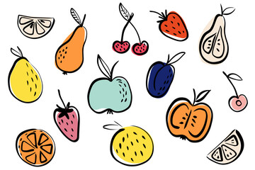 Playful Hand-Drawn Fruit with Vibrant Colors – Whimsical Illustration of Apples, Pears, Cherries, Citrus, and Berries for Packaging, Fabric, Prints, and Digital Design