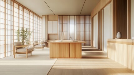 Fototapeta premium Modern Minimalist Kitchen Design with Natural Light and Wood Accents