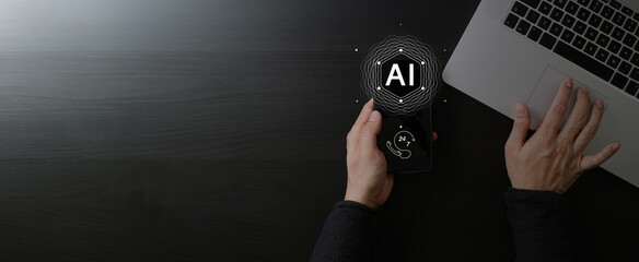  Ai, Artificial intelligence, Man uses smartphone laptop to access  tools for content Creation, Chatbots, Image generation, Coding, Translation, and Digital advertising solutions