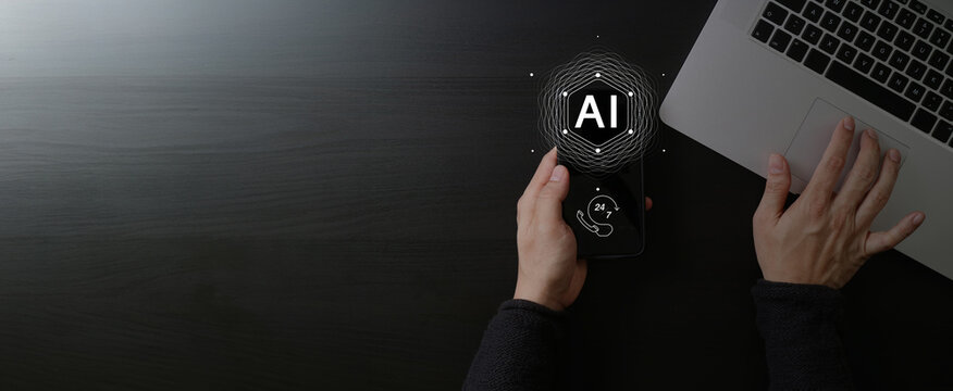  Ai, Artificial intelligence, Man uses smartphone laptop to access  tools for content Creation, Chatbots, Image generation, Coding, Translation, and Digital advertising solutions