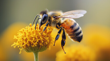 Fototapeta premium A close-up of a pollen-covered bee landing on flowers, symbolizing seasonal allergy triggers
