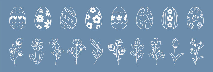 Hand-Drawn Easter Eggs and Spring Flowers in Minimalist Line Art Style on Blue Background. Editable Stroke. Perfect for Easter, Spring Celebrations, Greeting Cards, and DIY Projects