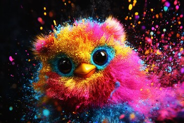Naklejka premium Brightly colored furry creature surrounded by vibrant splashes of paint in an imaginative setting at night