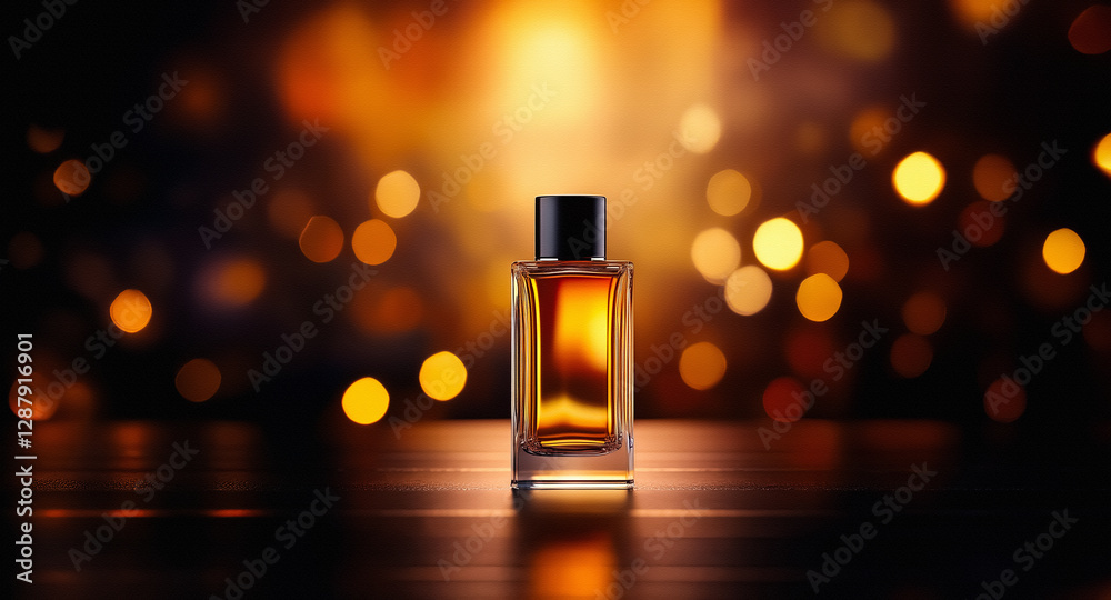 Sticker elegant perfume bottle filled with golden liquid sits on a sleek surface. soft bokeh lights create a