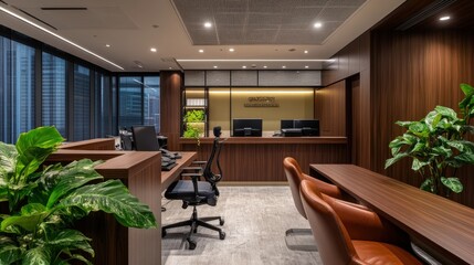 Modern Office Interior with Wooden Accents and Plants in Workspace