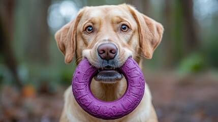 A dog holding a purple rubber toy hoop in its mouth