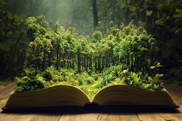 Book transformed into a forest landscape with intricate tree details and vibrant colors