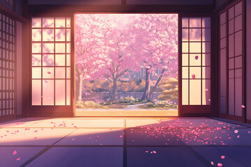 Lofi Japanese Room with Cherry Blossoms and Warm Sunlight