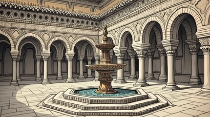 Woodcut Illustration of the Alhambra's Court of the Lions